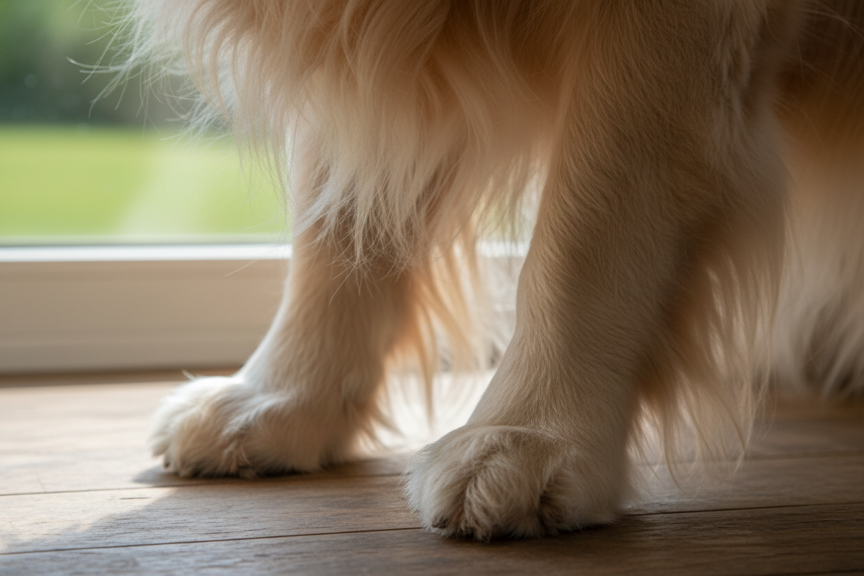  תמונה של כלב עם שיערות כפות ארוכות